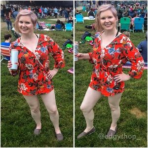 Floral Surplice Long Sleeved Boho Lace Trimmed Romper